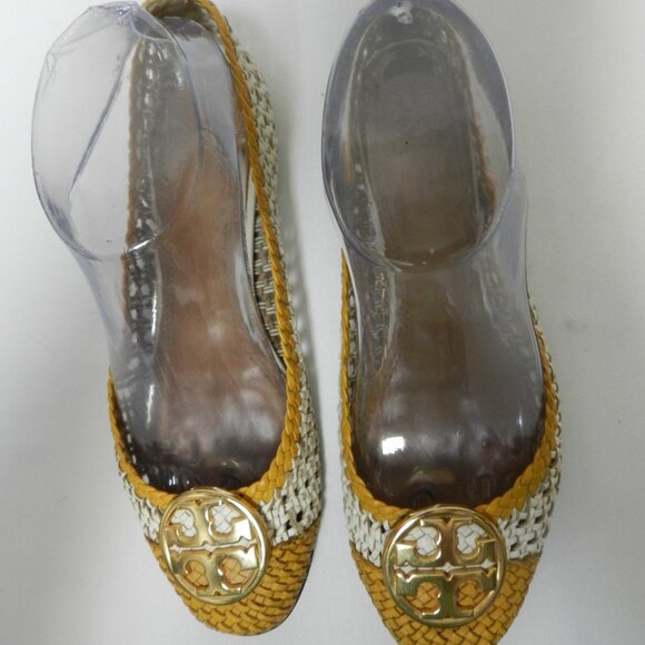 Tory Burch Chelsea Leather Woven Logo flats slides mustard white Size Sz 8.5 - Picture 3 of 13